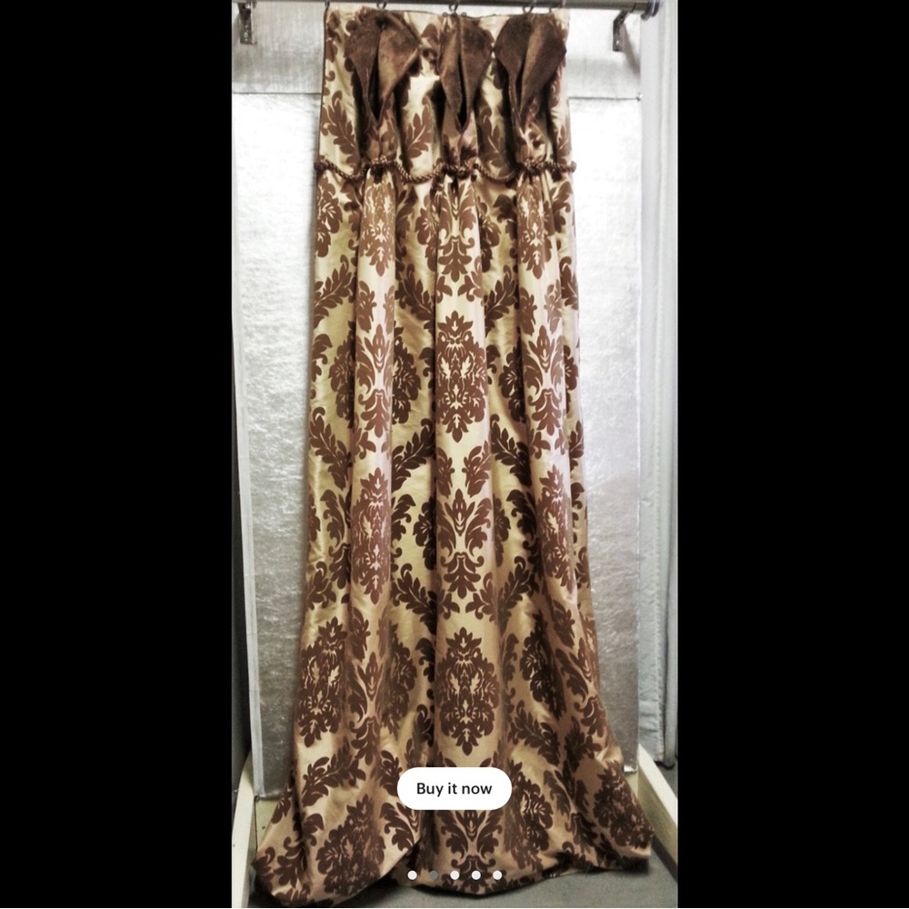 Curtain panel. Slouch pleat. Yellow/brown damask fabric. Custom made. New